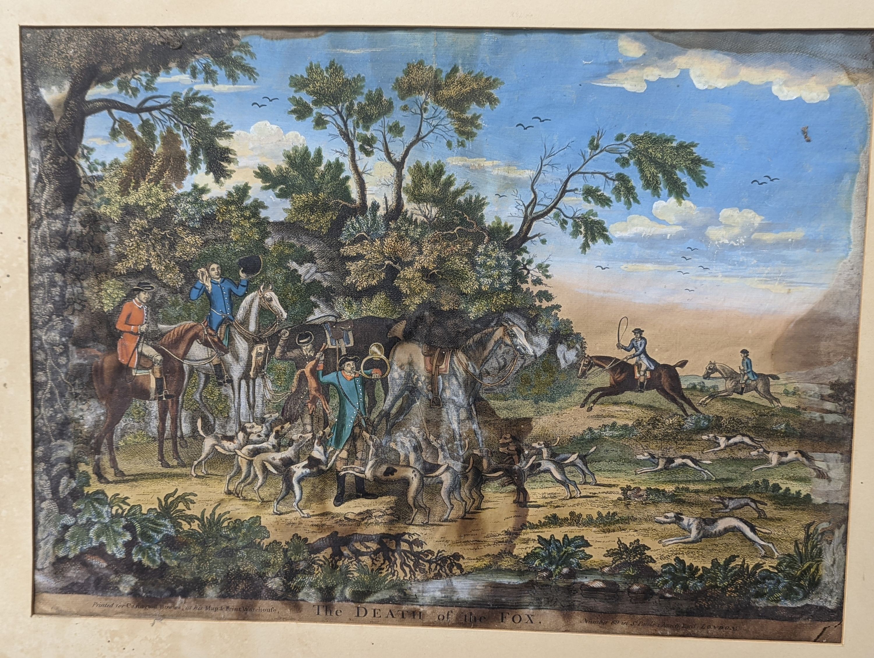 Carington Bowles, three coloured engravings, 'The Chace of the fox', 36 x 49cm and a Fores's Coaching Recollection - Changing Horses, 51 x 71cm